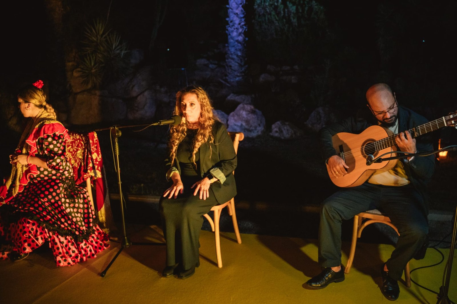Flamenco trio performing at night in the garden