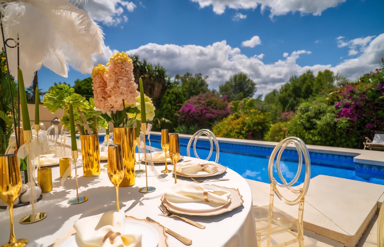 Poolside reception table with gold goblets and hydrangea centrepieces